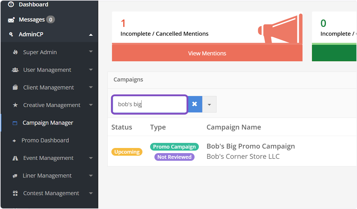 Search the Campaign Manager