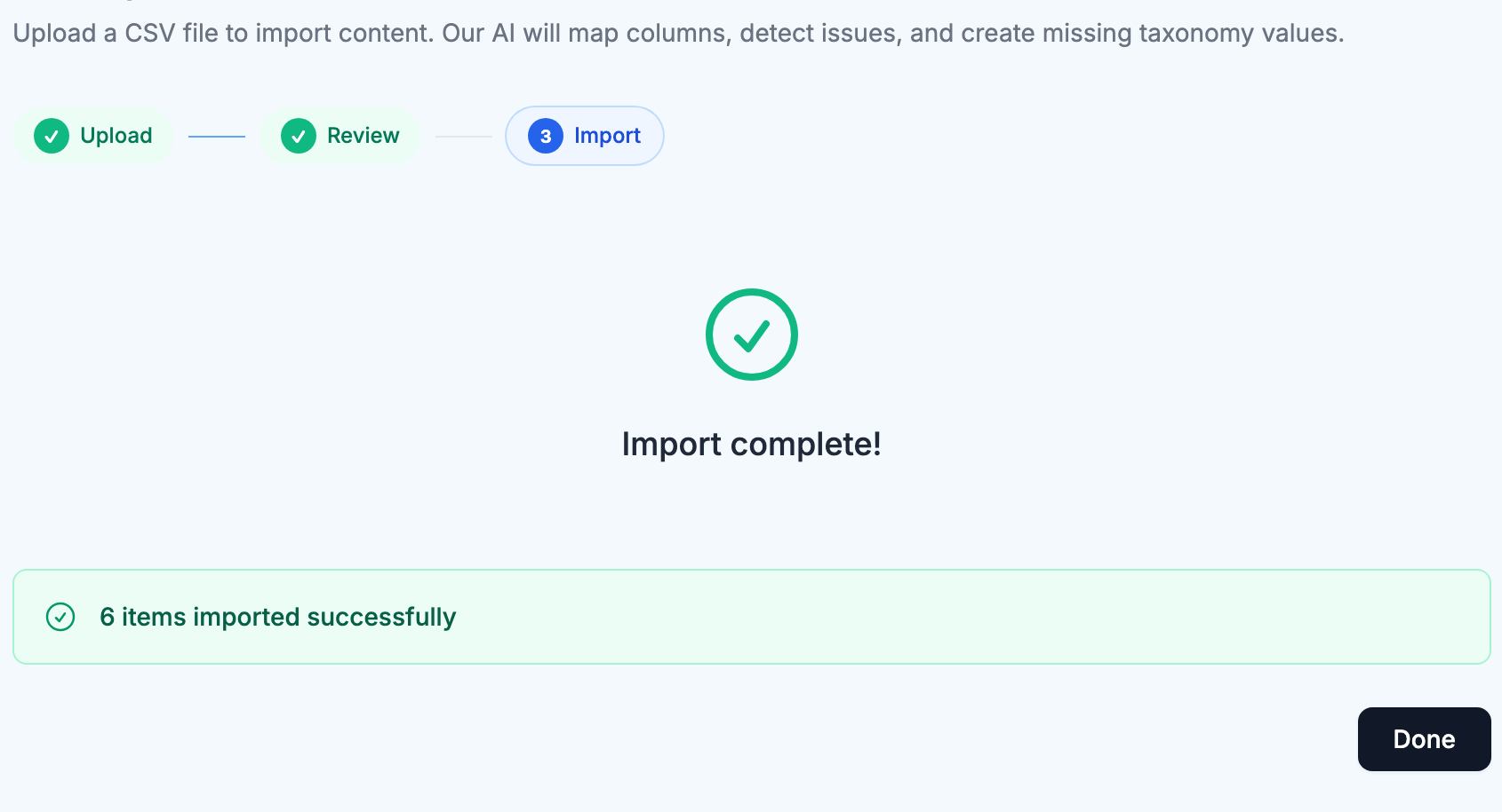 The completed import confirmation