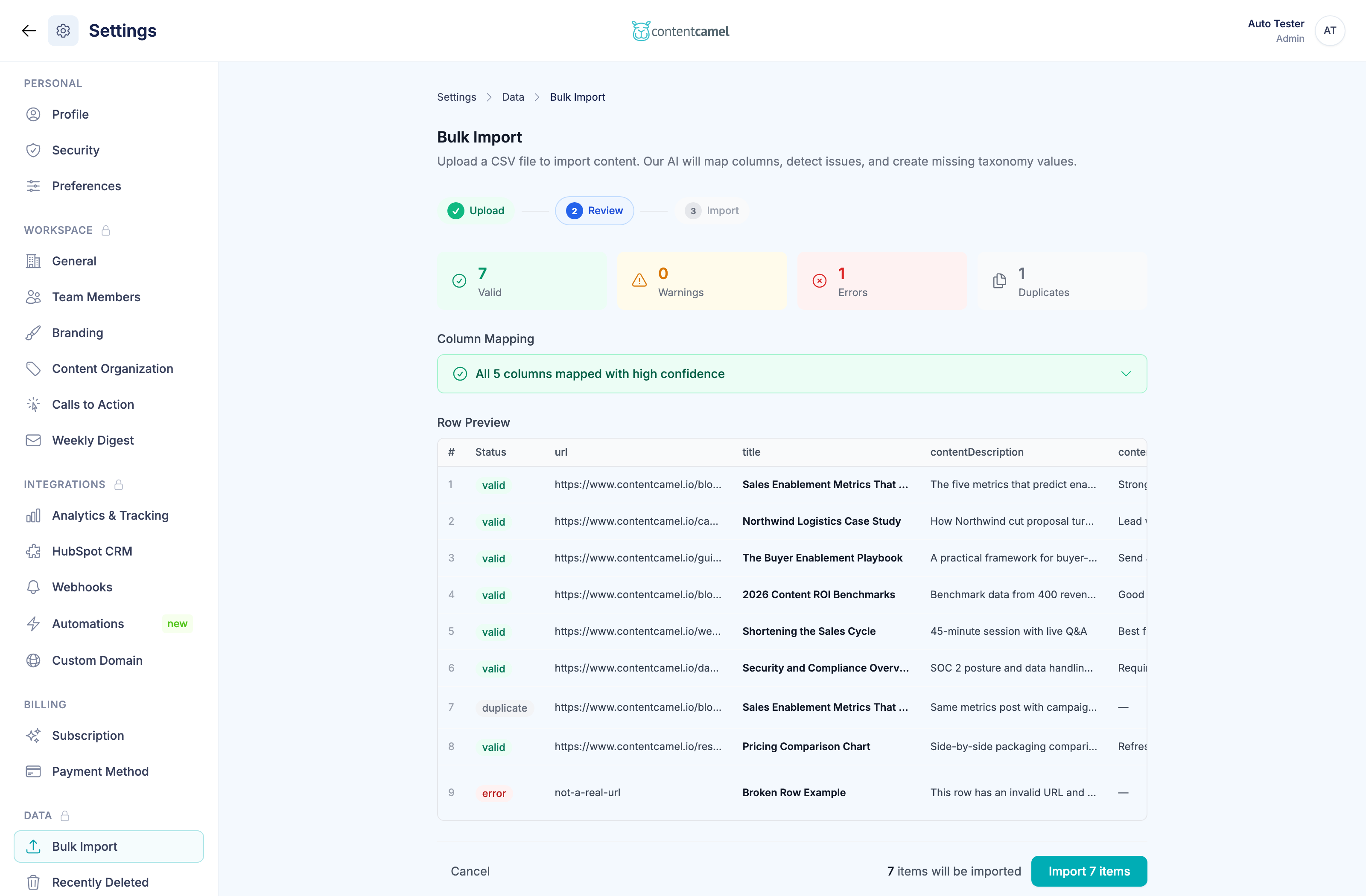 The review screen showing the summary bar, column mapping, and row preview